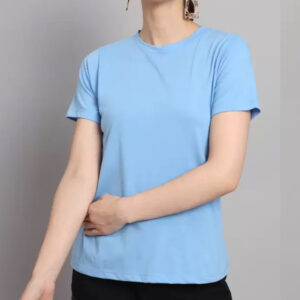 Women Solid Round Neck Pure Cotton Blue T-Shirt